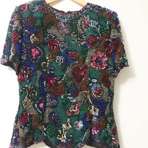 Vintage Black tie Oleg Cassini silk beaded top